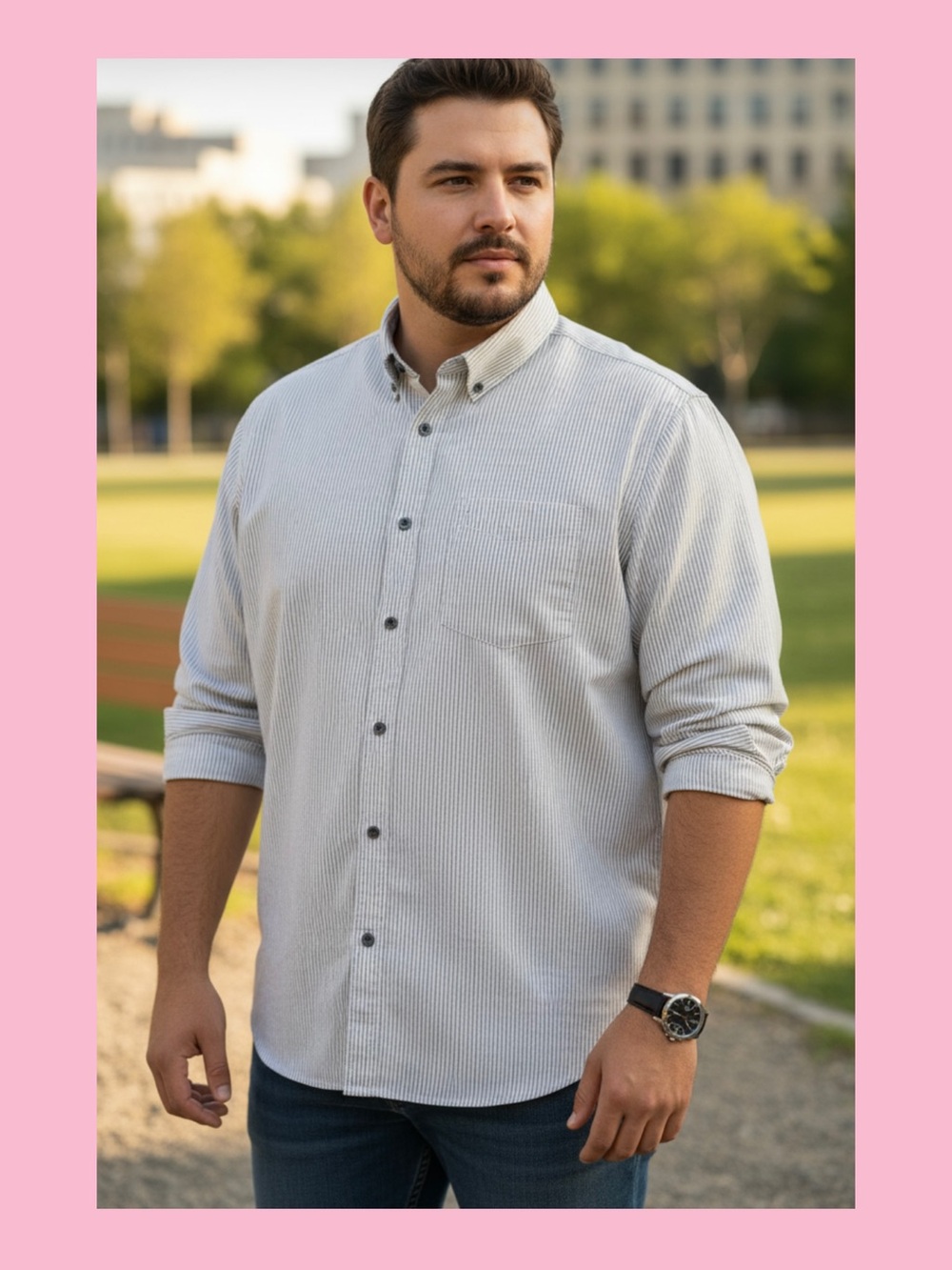 American Eagle Outfitters Men's Light Gray Pinstripe Button-Down Shirt